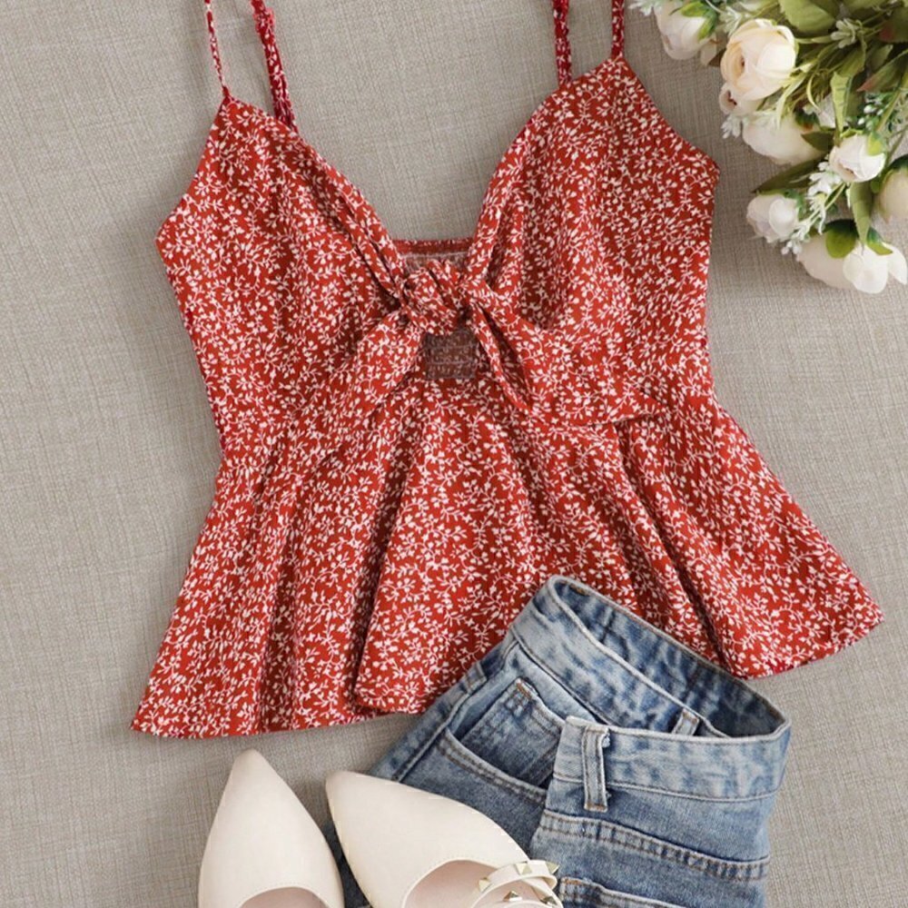 Red and White Boho Womens Ditsy Floral Self-Tie Cami Peplum Top
